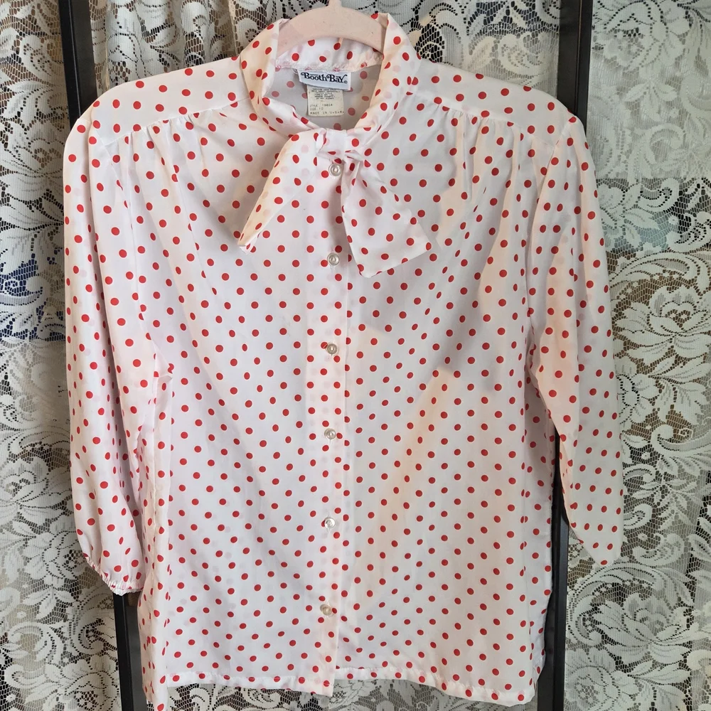 VINTAGE 60s White Blouse with Red Mini Mouse Style Polka Dots & Bow Neck